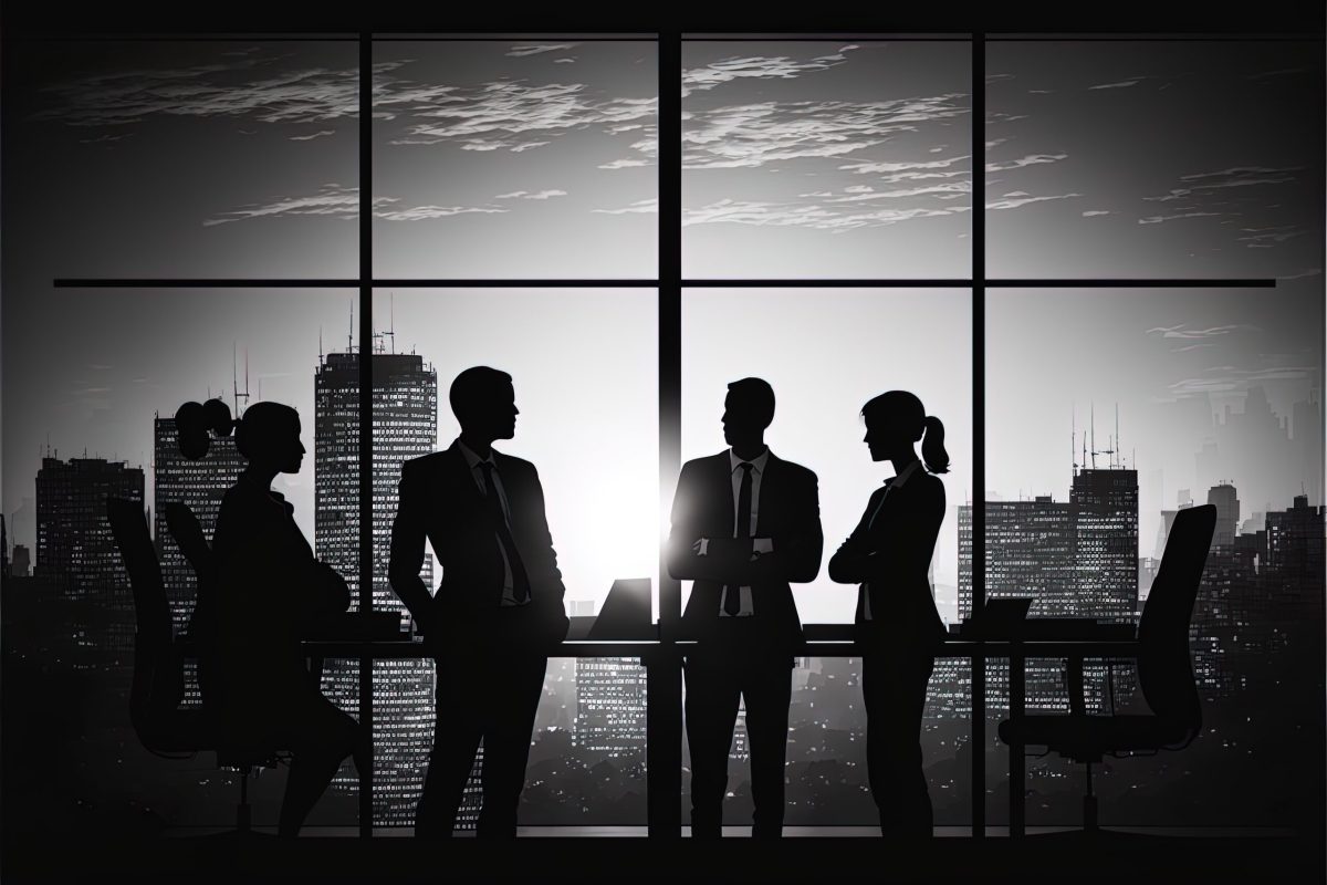 Silhouette of business people working together in office. Concept of teamwork and partnership. Generative AI. Double exposure and network effects